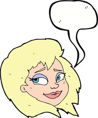 cartoon happy female face with speech bubble