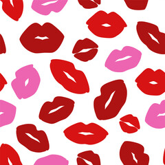 Red and pink lip print on white background. Seamless pattern with kiss. Decorative wallpaper for St Valentines day or wedding design. Vector stock illustration	
