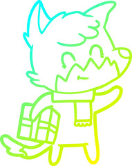 cold gradient line drawing cartoon happy fox with gift