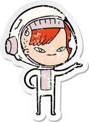 distressed sticker of a cartoon astronaut woman