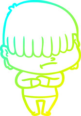 cold gradient line drawing cartoon boy with untidy hair