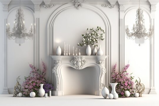 Luxurious classic interior with fireplace, flowers and vases. Generative AI