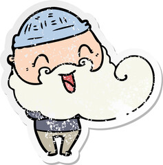 distressed sticker of a happy man with beard and winter hat