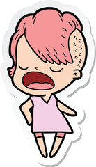 sticker of a cartoon cool hipster girl talking