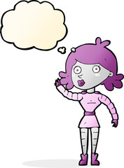 cartoon robot woman waving with thought bubble
