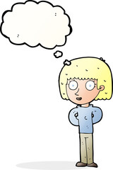 cartoon staring woman with thought bubble