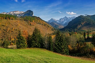 Spring sunset in Lysa Polana, Tatranska Javorina. Mountain view with blue sky in High tatras, Vysoke Tatry, Slovensko, Slovakia. Discover the spring beauty of the mountains. © Ivan