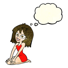 cartoon happy woman in dress with thought bubble