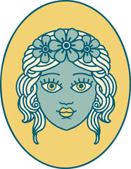 tattoo style icon of a maiden with crown of flowers