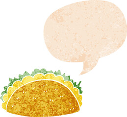 cartoon taco and speech bubble in retro textured style