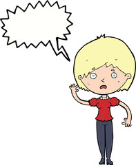 cartoon waving woman with speech bubble