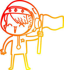 warm gradient line drawing happy cartoon space girl holding flag