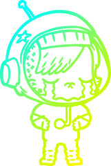 cold gradient line drawing cartoon crying astronaut girl