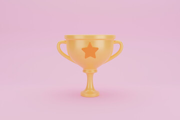 Golden trophy prize cup over pastel background. Victory success concept. Medal for achievement, development reward, labels experience level up. 3d rendering
