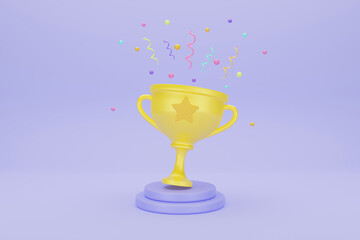 Winners with prize golden cup with Confetti on blue background. Award ceremony. Victory success concept. 3d rendering