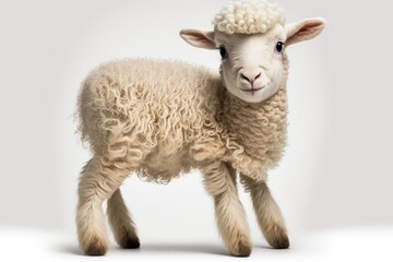 Fototapeta premium Merino lamb, 4 months old, with part of its hair shaved, in front of a white background. Generative AI
