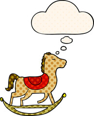 cartoon rocking horse and thought bubble in comic book style