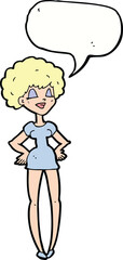 cartoon happy woman with hands on hips with speech bubble