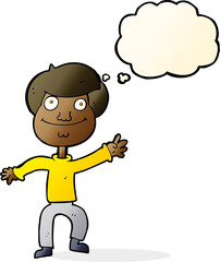 cartoon happy man waving with thought bubble