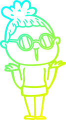 cold gradient line drawing cartoon shrugging woman wearing spectacles