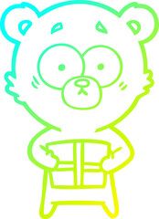 cold gradient line drawing nervous polar bear cartoon with gift