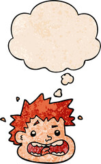 cartoon frightened face and thought bubble in grunge texture pattern style