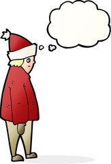 cartoon person in winter clothes with thought bubble