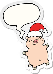 cartoon happy christmas pig and speech bubble sticker