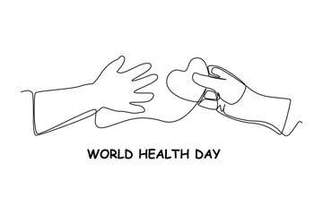 Continuous one line drawing children hand gives love icon. World health Day concept. Single line draw design vector graphic illustration.