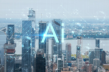 Aerial panoramic city view of West Side Manhattan and Hudson Yards district at day time, NYC, USA. Artificial Intelligence concept, hologram. AI, machine learning, neural network, robotics