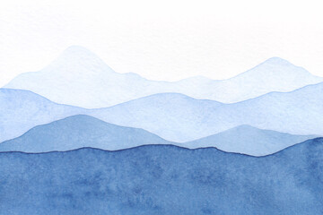 Watercolor, texture, abstract background with a panoramic view of the mountains, in shades of blue. Drawn by hand. For design and decoration with place for text.