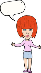 cartoon woman shrugging shoulders with speech bubble