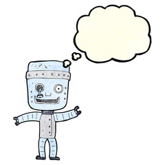 cartoon funny old robot with thought bubble