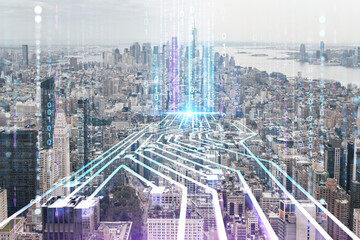 Fototapeta na wymiar Aerial panoramic city view of Lower Manhattan, Midtown, Downtown, Financial district, West Side, day time, NYC, USA. Artificial Intelligence concept, hologram. AI, machine learning and robotics