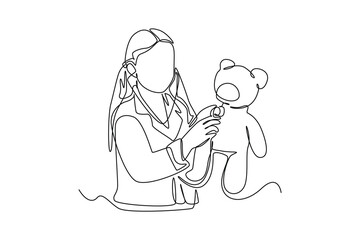 Continuous one line drawing happy girl playing doctor with stethoscope. World health Day concept. Single line draw design vector graphic illustration.