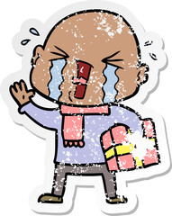 distressed sticker of a cartoon crying bald man