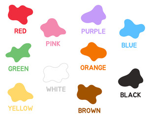 Learning basic colors for preschool/kindergarten kids with their names. Set of colored blots on the white background. Educational set for children and toddlers.