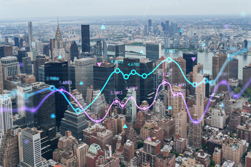 Plakat Aerial panoramic city view of Upper Manhattan, East Side, river and Brooklyn on horizon, New York city, USA. Forex graph hologram. The concept of internet trading, brokerage and fundamental analysis