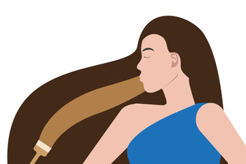A girl in profile with long hair, on which a light strand of hair is drawn with a brush. The concept of hair coloring. Flat vector illustration