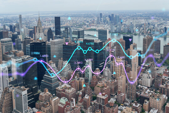 Aerial panoramic city view of Upper Manhattan, East Side, river and Brooklyn on horizon, New York city, USA. Forex graph hologram. The concept of internet trading, brokerage and fundamental analysis