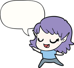 carton happy elf girl dancing and speech bubble