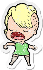 distressed sticker of a cartoon cool hipster girl talking
