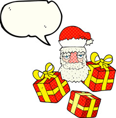 comic book speech bubble cartoon tired santa claus face with presents