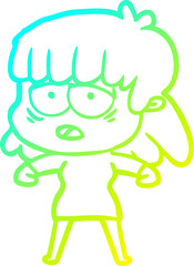 cold gradient line drawing cartoon tired woman