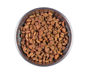 Steel bowl with dry crumbly pet feed isolated on white, top view