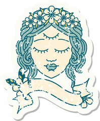 grunge sticker with banner of female face with third eye