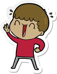 sticker of a laughing cartoon man waving