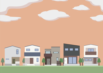 家　一戸建て　住宅　街並み　夕方　イラスト