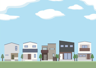 家　一戸建て　住宅　街並み　青空　イラスト