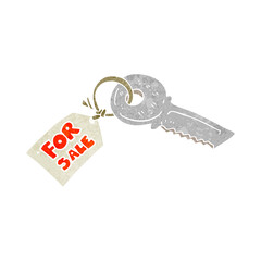 retro cartoon house key with for sale tag